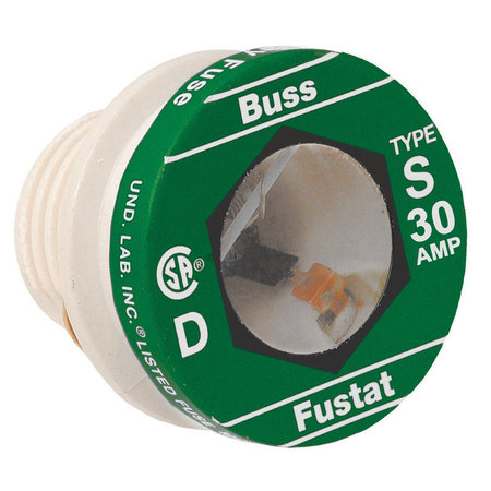EATON BUSSMANN Plug Fuse, S Series, Time-Delay, 30A, 125V AC, Indicating, 10kA at 125V AC, 4 PK S-30